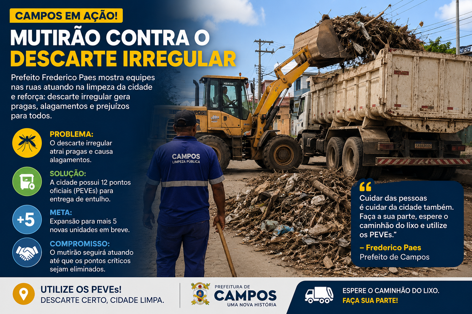 Frederico Paes divulga mutirão contra descarte irregular e anuncia ampliação dos PEVEs em Campos