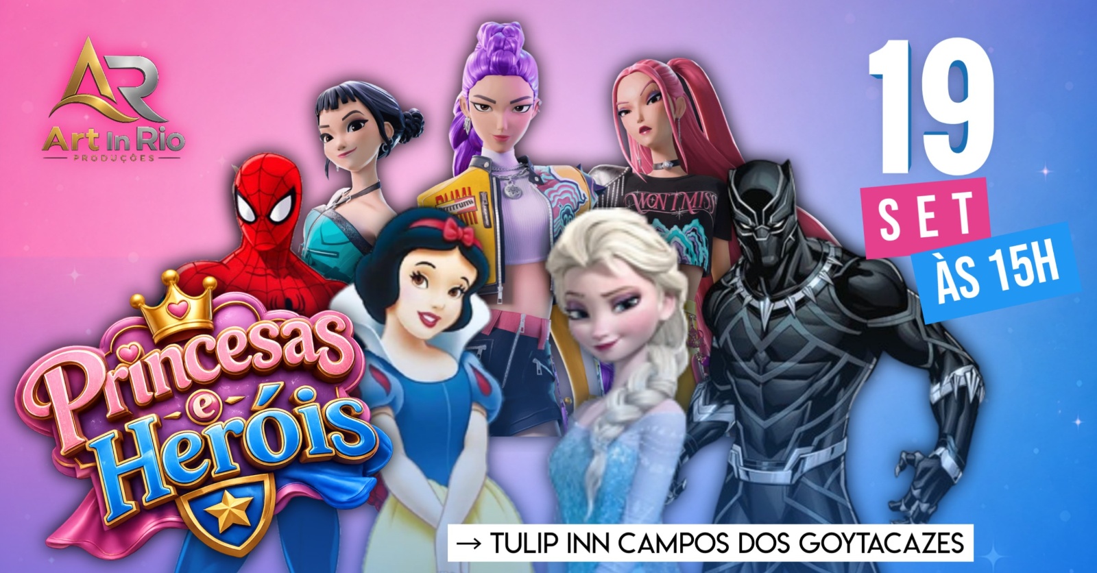 Imagem de divulgação do espetáculo infantil Princesas e Heróis em Campos